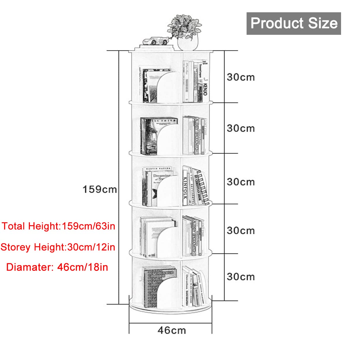 Modern 5-Tier Rotating Bookshelf - 360° Revolving Storage Rack for Home & Office - White - WoodArtSupply