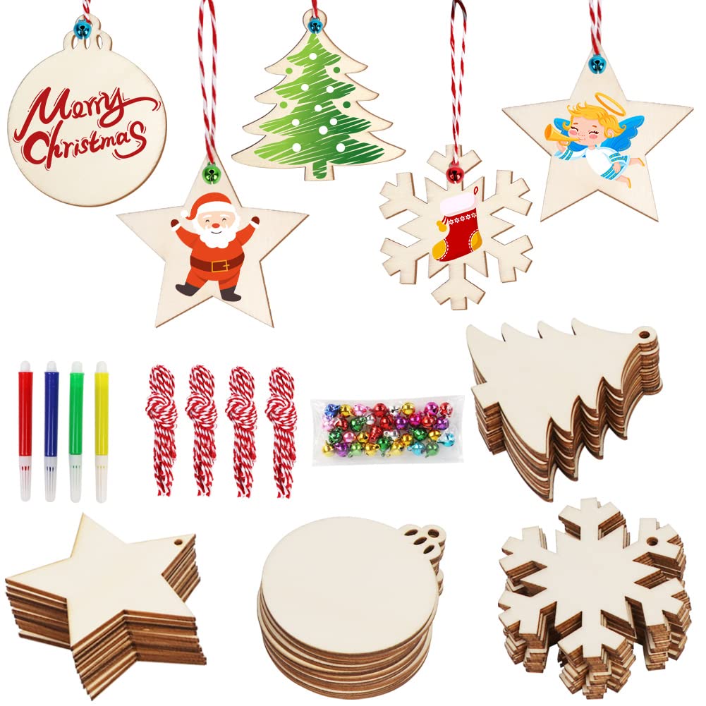 OurWarm 40pcs Wooden Christmas Ornaments Crafts for Kids, DIY Christmas Crafts Ornament Making Kit Unfinished Wood Slices with Holes, Hanging Christmas Centerpieces Decorations, 4 Styles