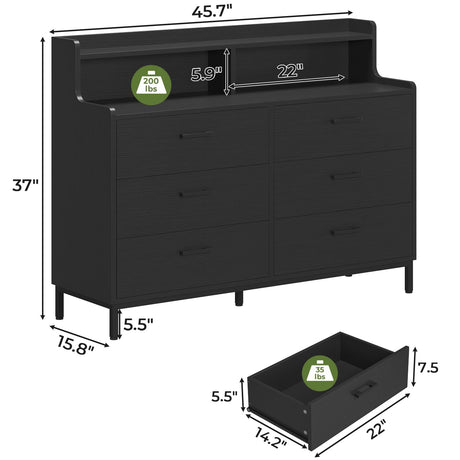 Hasuit 6 Drawers Double Dresser with Shelves, Large Wooden Storage Tower Organizer, Wide Chest of Drawers, Black Dresser for Bedroom, Living Room, Hasuit