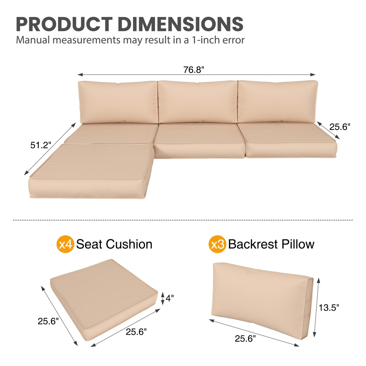 UDPATIO Outdoor Cushions for Patio Furniture, 7-Piece Replacement Cushions for Outdoor Furniture, Patio Cushions Outdoor Sectional Cushions Couch Cushions for 4-seat Patio Conversation Sets (Beige) UDPATIO