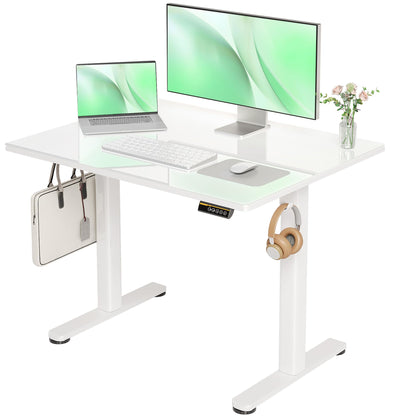 Claiks Glass Standing Desk, Small Electric Standing Desk Adjustable Height, 40 Inch Adjustable Stand Up Desk, Quick Install Home Office Computer Desk, Supter White - WoodArtSupply