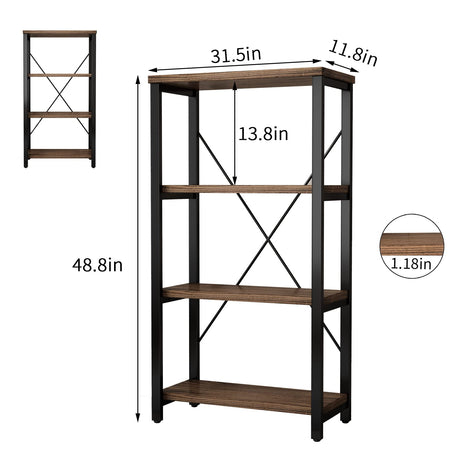 Rustic Solid Wood 4-Tier Bookshelf with Industrial Metal Frame - Vintage Storage Organizer in Retro Brown AY-AOYUAN