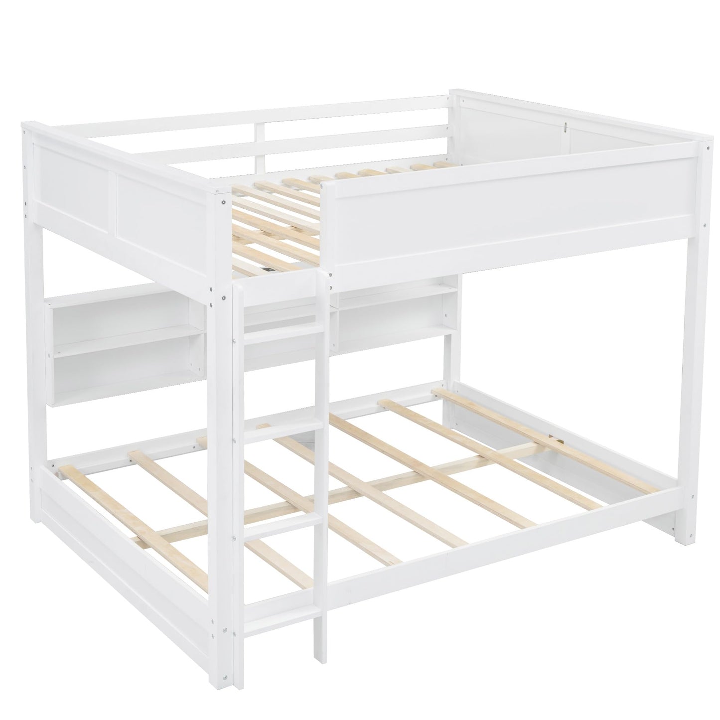 Harper & Bright Designs Queen Over Queen Bunk Beds with Built-in Storage Shelves, Wooden Queen Bunk Bed with USB Ports, Kids Bunk Bed Queen Size, No Box Spring Needed, White