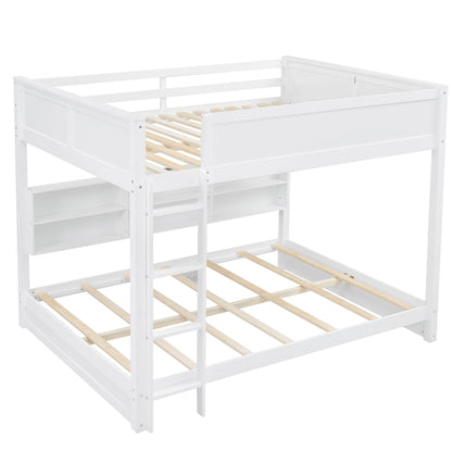 SOFTSEA Queen Over Queen Bunk Bed with Storage, Modern Queen Size Bunk Beds with Storage Bookcase and USB Ports for Kids Teens Adults, Wood Bunk Bed with Guardrail and Ladder, White