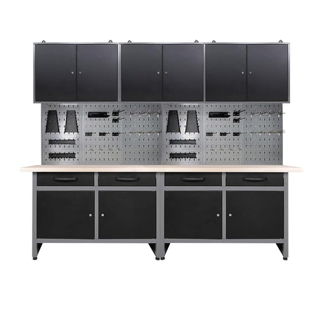 JZD Steel Garage Cabinets System Set, Includes Wood Workbench, Tool Cabinet, Black & Grey JZD
