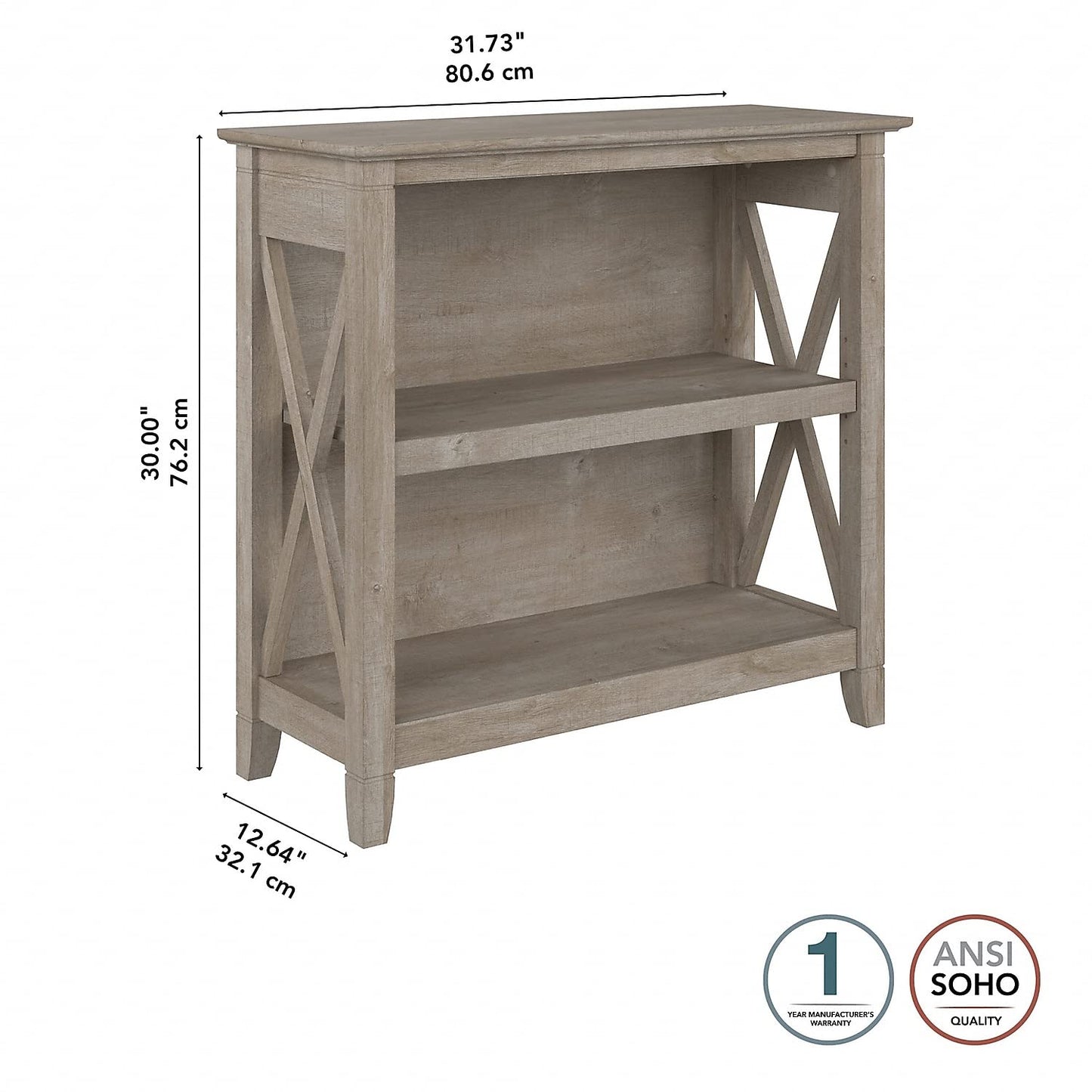 Bush Business Furniture Key West Compact 2 Shelf Bookcase in Washed Gray - WoodArtSupply