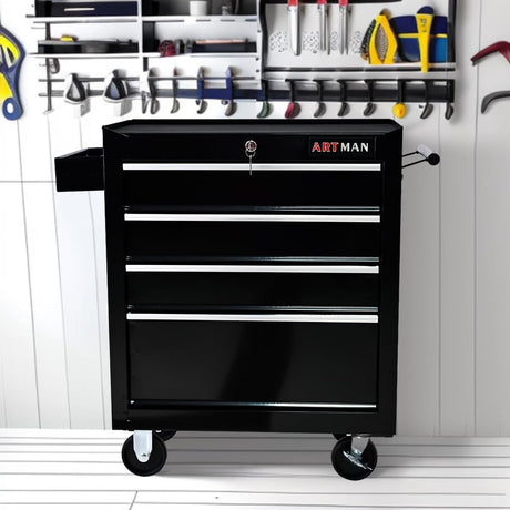 SumKea 4 Drawers Cart 24.25" Rolling Toolbox, with Key Locking and 4 Wheels Tool Boxes, Suitable for Garages, Warehouses, Workshops, Repair Shops, Black SumKea