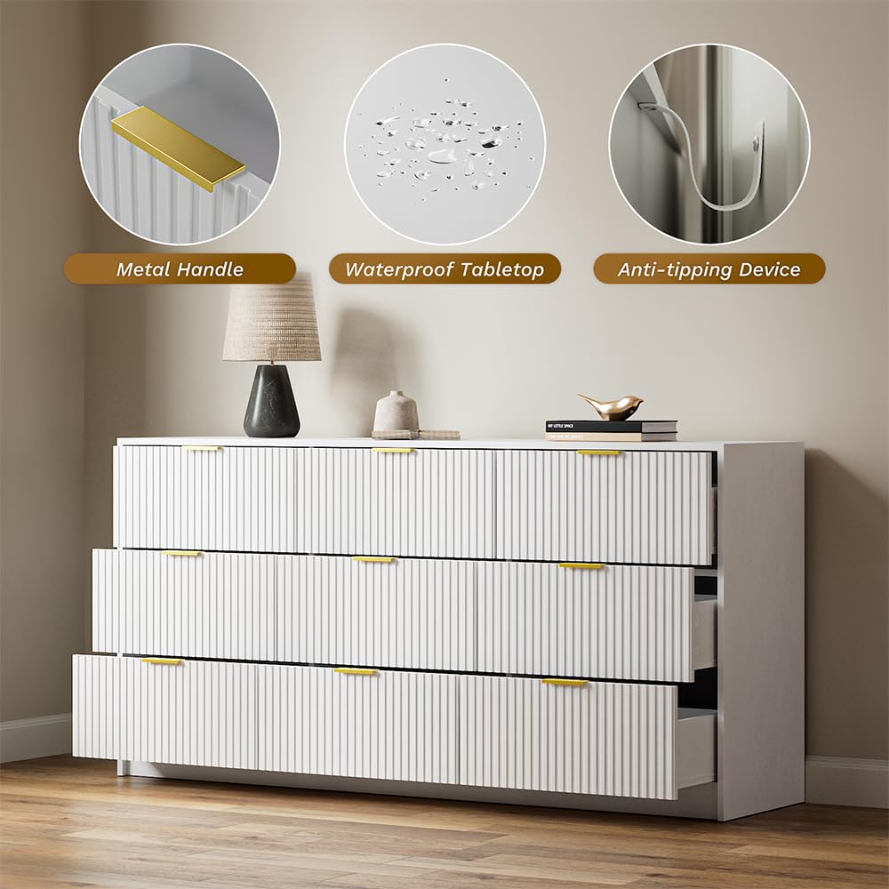 MAISONARIA White Dresser for Bedroom, 9 Drawer Double Dresser, Modern Chest of Drawers for Bedroom, Living Room, Entryway and Closet, 63" L x 15.7" D x 31.5" H MAISONARIA
