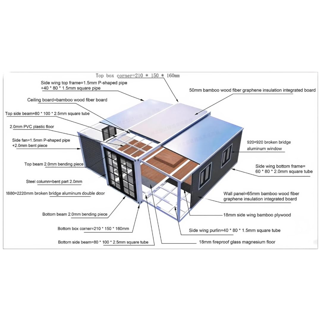 Generic Prefabricated Expandable Mobile Container House with Terrace and Sloping roof, Outdoor Storage Shed Tiny Home Modern Sturdy Steel Storage Container Guest House Building, 19.5ft x 20ft, brown