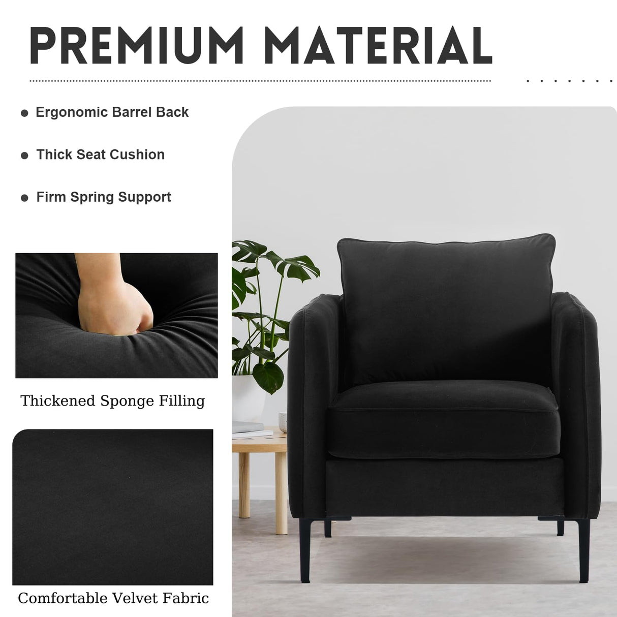 SUHELUFU Modern Black Velvet Accent Chairs, Comfy Upholstered Armchairs with Thick Cushion and Wood Frame for Living Room, Bedroom or Office SUHELUFU