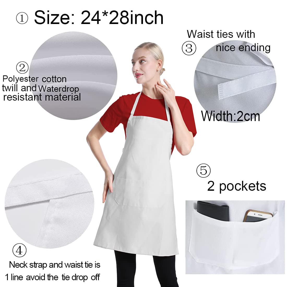 TSD STORY Total 15 PCS Plain Color Bib White Apron for Women Adult with 2 Front Pocket TSD STORY