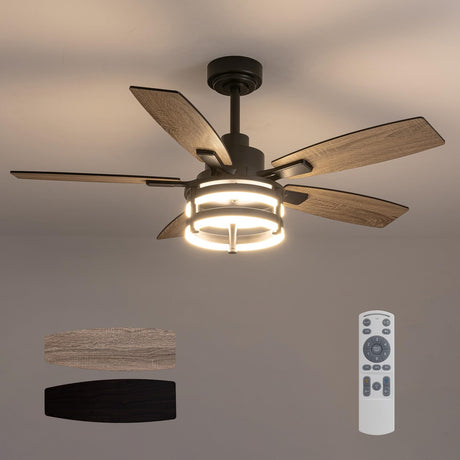 46 Inch Ceiling Fans with Lights and Remote Control, Farmhouse Ceiling Fan with LED Lighting for Bedroom Living Room and Patio, Black Caged Ceiling Fan for Indoor and Outdoor LuminFan