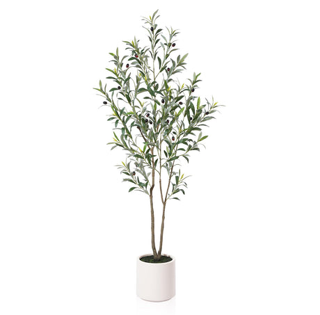 LOMANTO Artificial Olive Trees, 5 ft Tall Fake Olive Trees for Indoor, Faux Olive Silk Tree, Large Olive Plants with White Planter for Home Decor and Housewarming Gift, 1 Pack LOMANTO