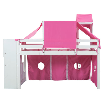 Harper & Bright Designs House Loft Bed with Slide and Storage Stairs, Wood Kids Loft Bed with Tent and Tower, Playhouse Loft Bed Frame for Kids, Teens (Twin Size, Pink)