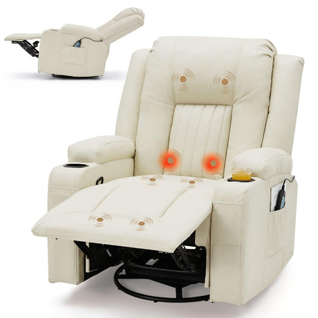 YODOLLA Massage Recliner Manual Chair with Heating & 360° Swivel Rocking Function, Morden Recliner PU Leather Chair for Adults with Two Cup Holders and Side Pockets for LivingRoom/RV, Cream White YODOLLA