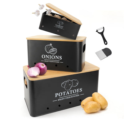 Dekosilave Kitchen Vegetable Storage Set of 3, Metal Onion Garlic Potato Storage Set, Kitchen Canisters Vegetable Keeper Containers with Aerating Holes and Wooden Lid (Black)
