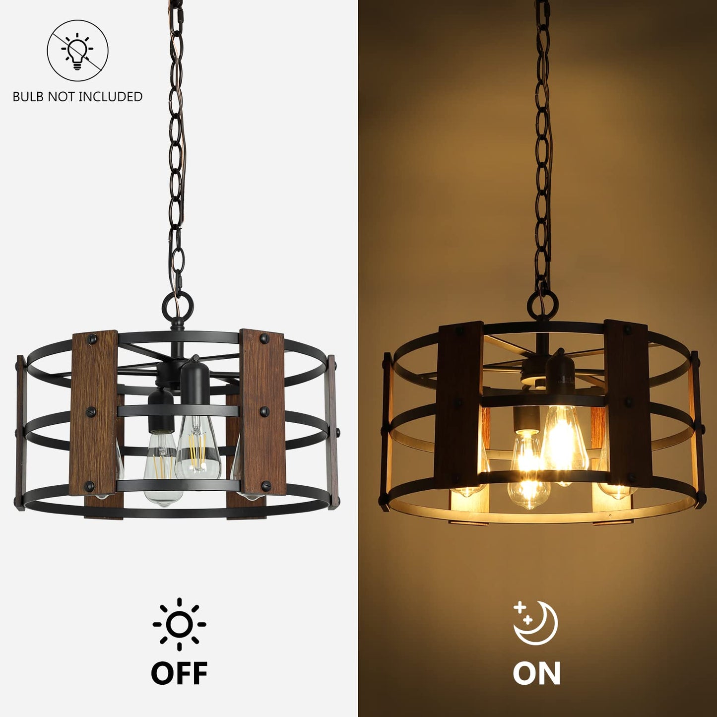 DLLT 4-Light Farmhouse Chandelier Light Fixtures Adjustable Height, Rustic Drum Pendant Light for Living Room, Dining Room, Bedroom, Foyers, Walnut Wood and Black Metal Finish, E26 Base