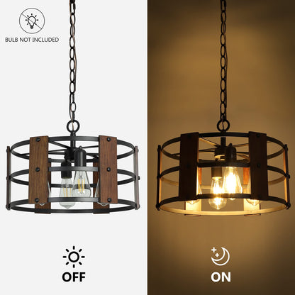 DLLT 4-Light Farmhouse Chandelier Light Fixtures Adjustable Height, Rustic Drum Pendant Light for Living Room, Dining Room, Bedroom, Foyers, Walnut Wood and Black Metal Finish, E26 Base