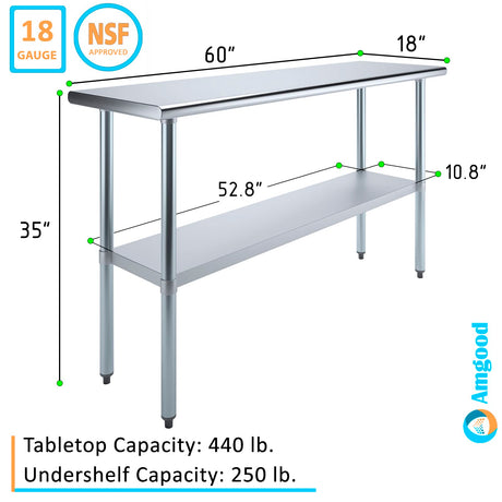 AmGood 18" X 60" Stainless Steel Work Table | Metal Kitchen Food Prep Table | NSF AmGood