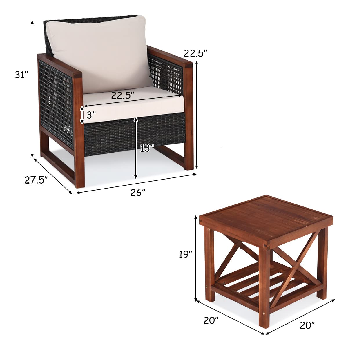 HAPPYGRILL 3 Pieces Outdoor Patio Furniture Set Wicker Chairs with Coffee Table, Balcony Porch Furniture Bistro Set with Wood Frame and Washable Cushions for Garden Poolside Backyard HAPPYGRILL