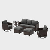 UDPATIO Patio Furniture Set, 6 Pieces Outdoor Sectional Couch with Swivel Rocking Chair, Brown Wicker Rattan Conversation Sofa, 4" Thick Cushion for Garden Backyard Deck, Dark Grey UDPATIO