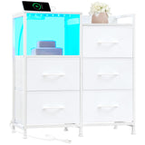Somdot White Nightstand with Charging Station and LED Light, Wide 5 Drawers Dresser for Bedroom with Fabric Bins and Open Shelf for Bedroom Kids Closet Dorm Guest Room, White Leather Somdot