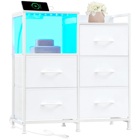 Somdot White Nightstand with Charging Station and LED Light, Wide 5 Drawers Dresser for Bedroom with Fabric Bins and Open Shelf for Bedroom Kids Closet Dorm Guest Room, White Leather Somdot