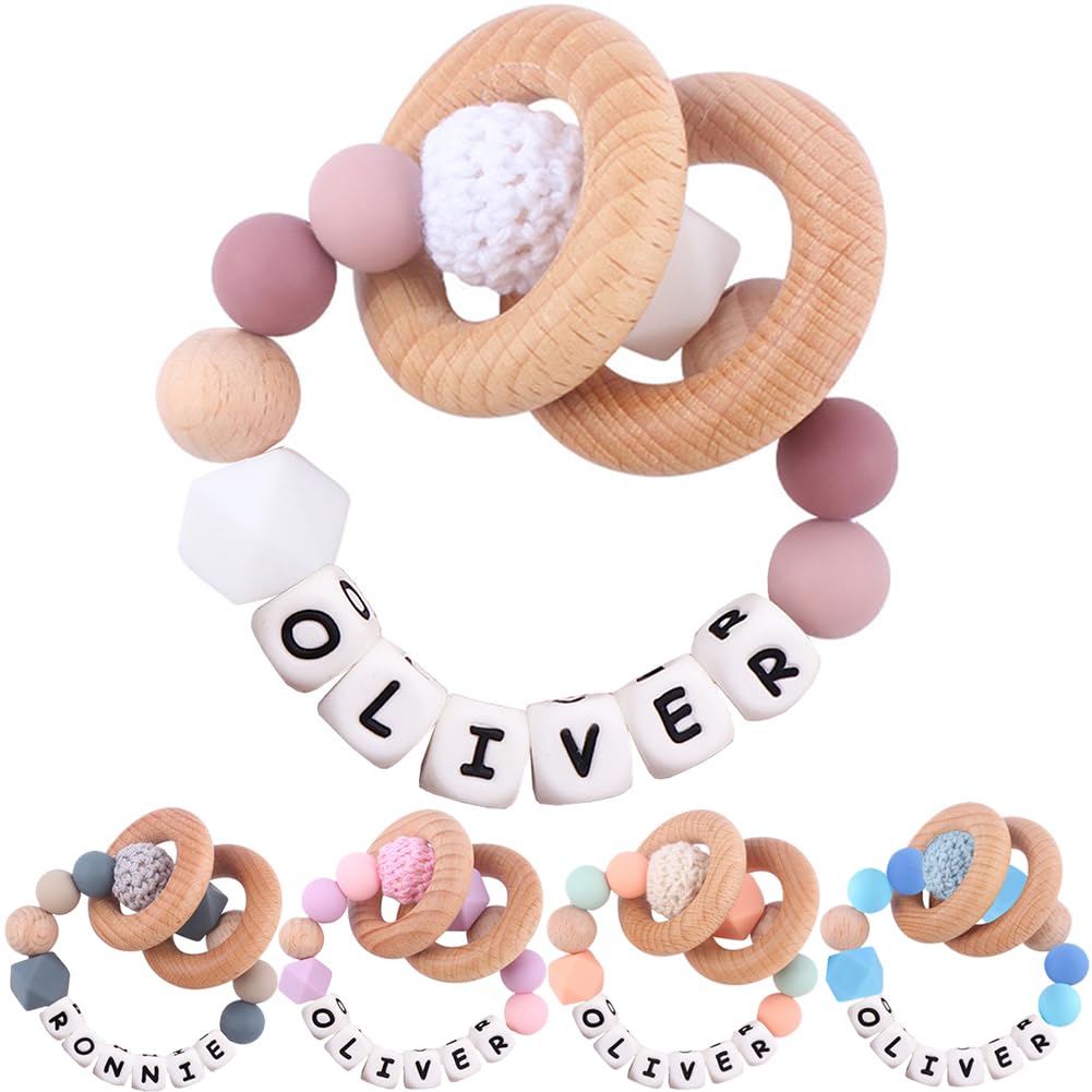 Personalized Baby Rattle Ring with Name,Custom Silicone Bracelet Rings Stroller for New Baby Newborn Shower Gift (Wooden Rings) Verxcty