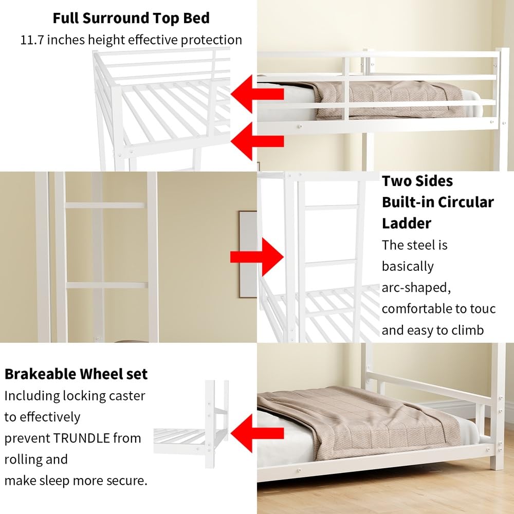 QSOSTNS Twin Over Twin Bunk Bed, Metal Low Profile Bunkbed with Side Ladder, Heavy-Duty Sturdy Metal, Noise Reduced, Safety Guardrail, No Box Spring Needed (White)