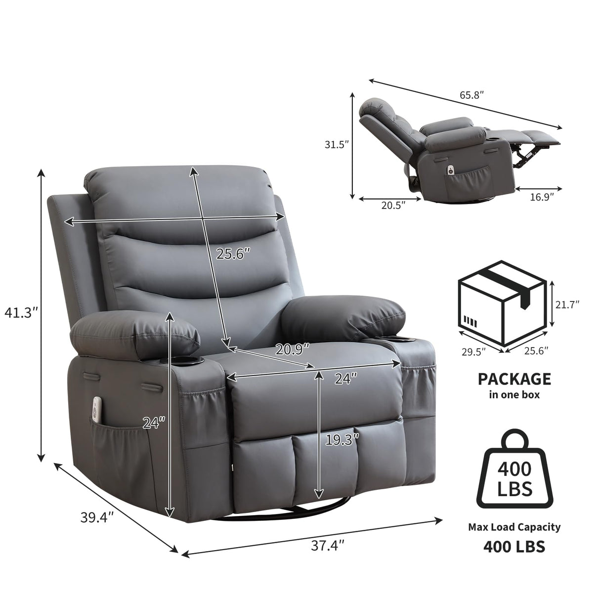 Leather Recliner Chair Nursery, Oversized Manual Reclining Rocking Chair, 360 Swivel Glider with Cup Holder, Massage and Heat Recliner, Small Sofa Chairs for Adults, Living Room, RV, Bedroom, Gray PeacefulHues