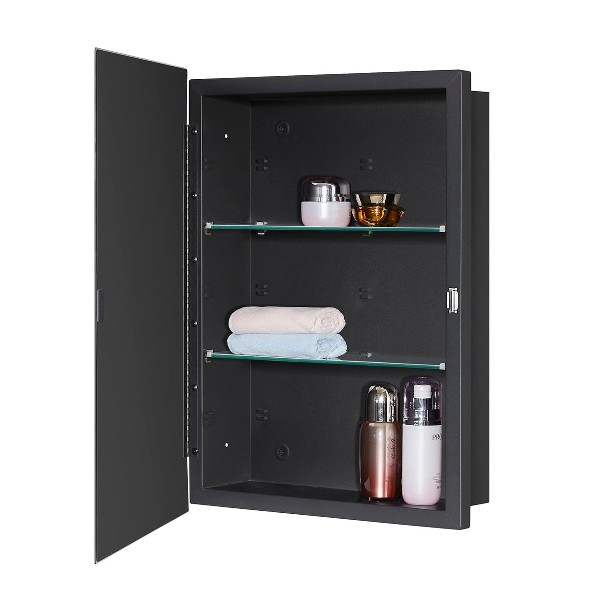 IDYLLOR Black Bathroom Medicine Cabinet with Beveled Edge Mirrored Door 16 x 22 inch, Recessed or Surface Mount, with Adjustable Glass Shelves IDYLLOR