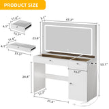 DWVO 47" W Vanity Desk with LED Light and Power Outlets, Large Makeup Vanity with Dividers and Hair Dryer Rack, 3 Level Storage Dresser Makeup Vanities Dressing Table for Bedroom, White DWVO