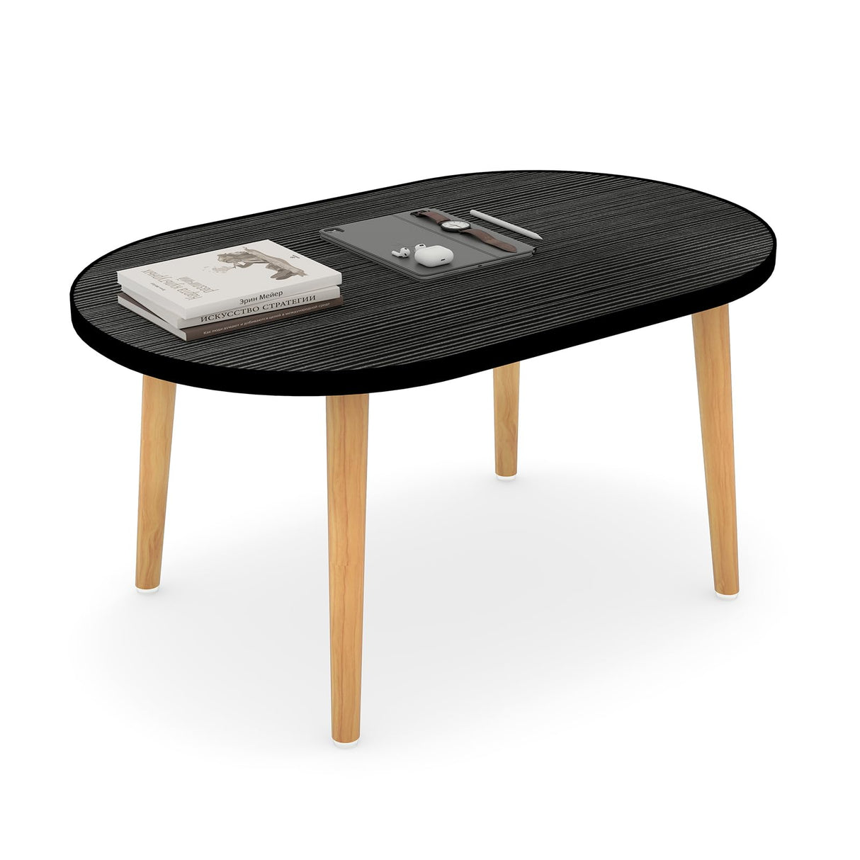 Funecy Oval Coffee Table Low Table with 4 Solid Wood Sturdy Legs, Floor Table Desk for Sitting on The Floor, Storage and Living Room Furniture (Black) Funecy