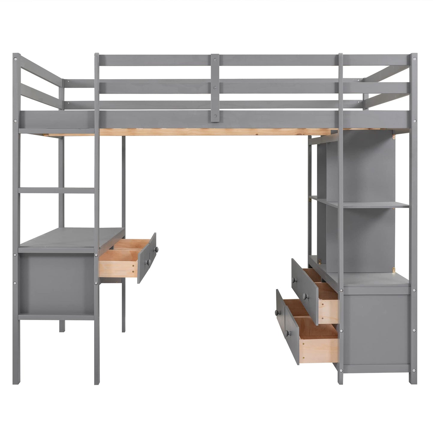 Harper & Bright Designs Full Size Grey Loft Bed with Built-in Desk, Drawers, and Storage Shelves - WoodArtSupply