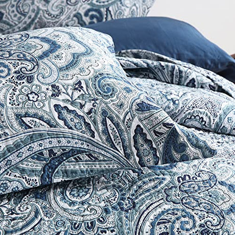 Autumn Dream Cotton Bedspread Quilt Sets, 3 Pieces Reversible Comforter Coverlet Sets,Blue Floral Paisley Bedspread,King Size Autumn Dream
