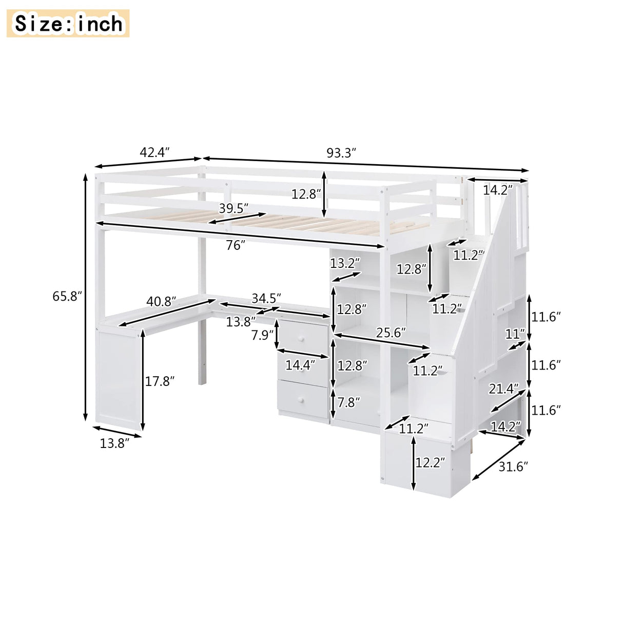 VilroCaz Twin Size Loft Bed with L-Shaped Desk, Storage Staircase, and Cabinet in White VilroCaz