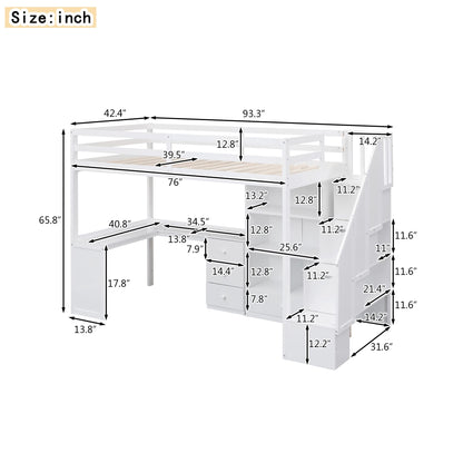 Modern Multi-Functional Twin Size Loft Bed with L-Shaped Desk, Drawers, and Storage Staircase in White - WoodArtSupply