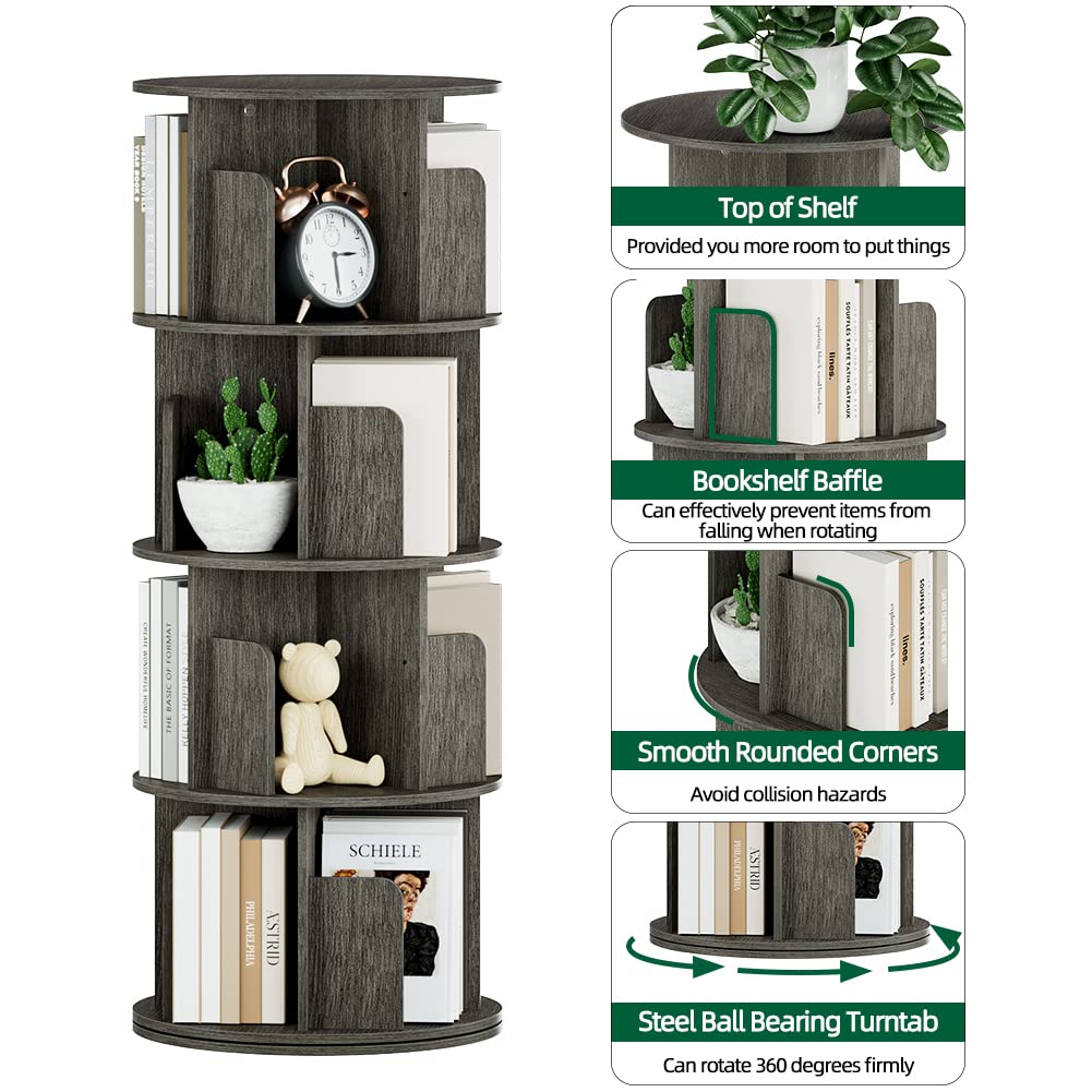 OTK 360° Rotating Bookshelf - 4 Tier Wooden Corner Bookcase in Black Oak for Small Spaces OTK