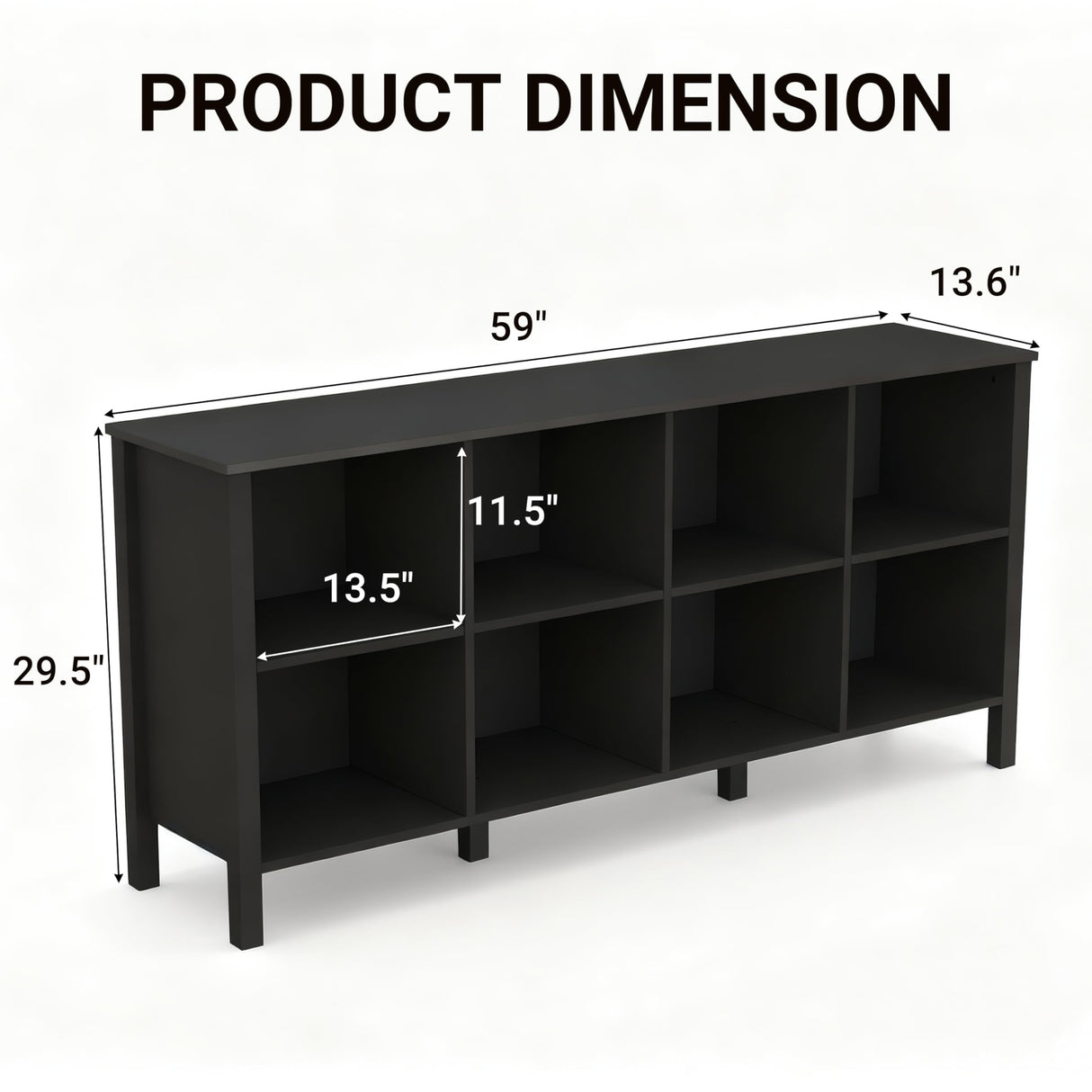 NewBeth 8-Cube Bookcase, Farmhouse Wooden Bookshelf Low Storage Organizer, 59" Horizontal Black Console with Legs, Hallway Book Case for Entryway, Display Cabinet for Living Room (Black, 8-Cube) NewBeth