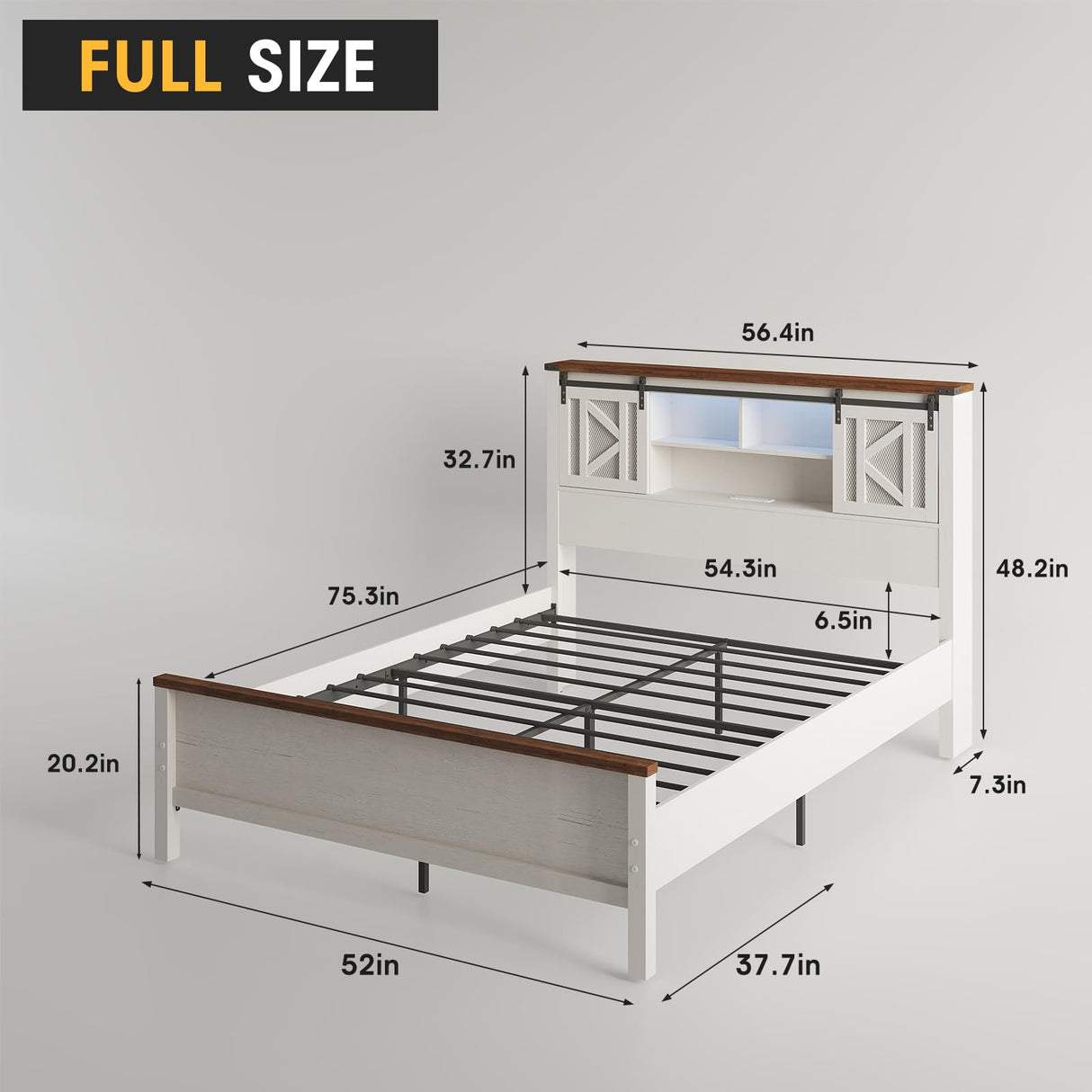 Fameill Farmhouse Full Size Bed Frame with Storage Headboard, Sliding Barn Door Design, 2-Tier Shelves Bookcase Storage, Charging Ports & USB Outlets, LED Light, No Box Spring Needed, Easy Assembly Fameill