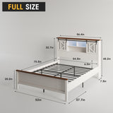Fameill Farmhouse Full Size Bed Frame with Storage Headboard, Sliding Barn Door Design, 2-Tier Shelves Bookcase Storage, Charging Ports & USB Outlets, LED Light, No Box Spring Needed, Easy Assembly Fameill