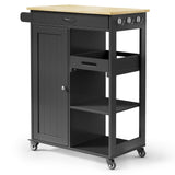 Gizoon Kitchen Island Cart with Solid Wood Top, Rolling Serving Utility Trolley Cart with Drawer, Cabinet, Towel Rack, Hooks and 3 Open Storage Shelves, Mobile Storage Cart for Dining Room, Bar, Black Gizoon