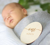 DECLAN & DELANEY Monthly Baby Milestone Cards | 16 Wooden Milestone Discs, Includes Boy/Girl Birth Announcement Sign | Baby Monthly Milestone Props Declan & Delaney