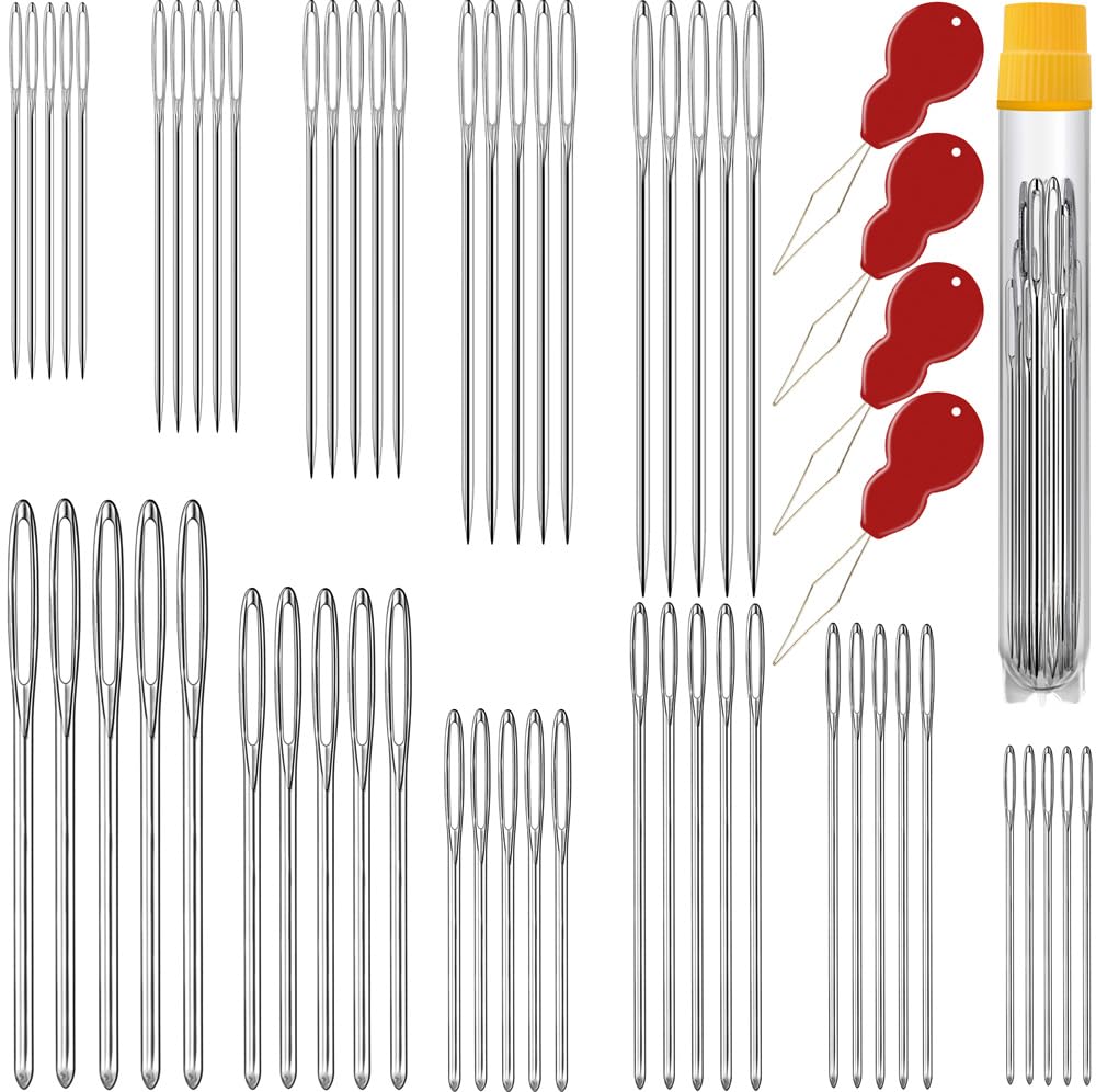 55 PCS Large-Eye Blunt Needles, Large Eye Sewing Needles, 11 Sizes Hand Sewing Needles, Knitting Needles, Yarn Needles, Embroidery Needle, Quilting Needles with 4 Threaders, Weaving Stringing Needles phicivono