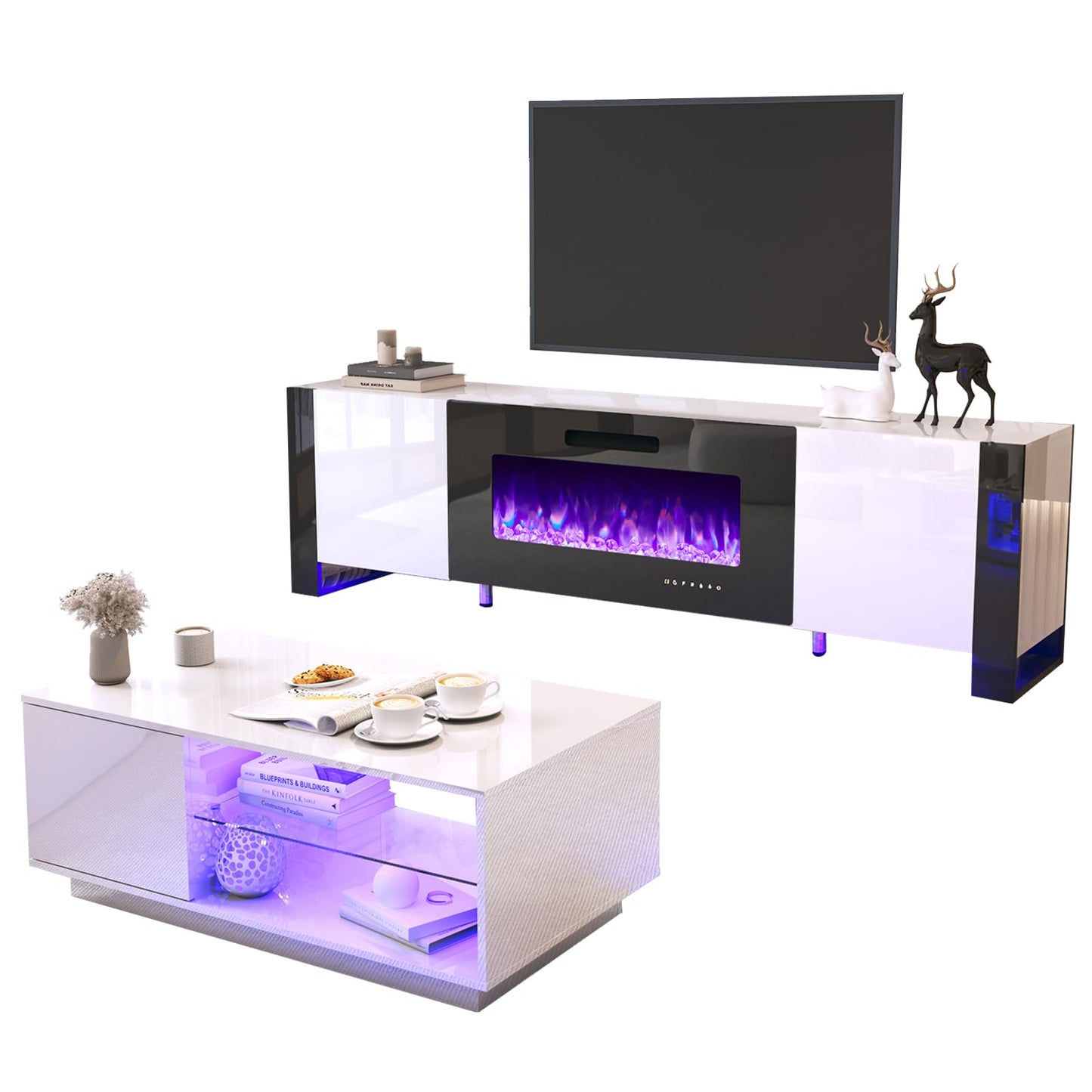 AMERLIFE 3 Piece Living Room Table Sets, 70" Modern High Gloss TV Stand LED Lights, 36" Electric Fireplace, 40" Coffee Tables for Living Room, TV Stand and Coffee Table Set, White&Black