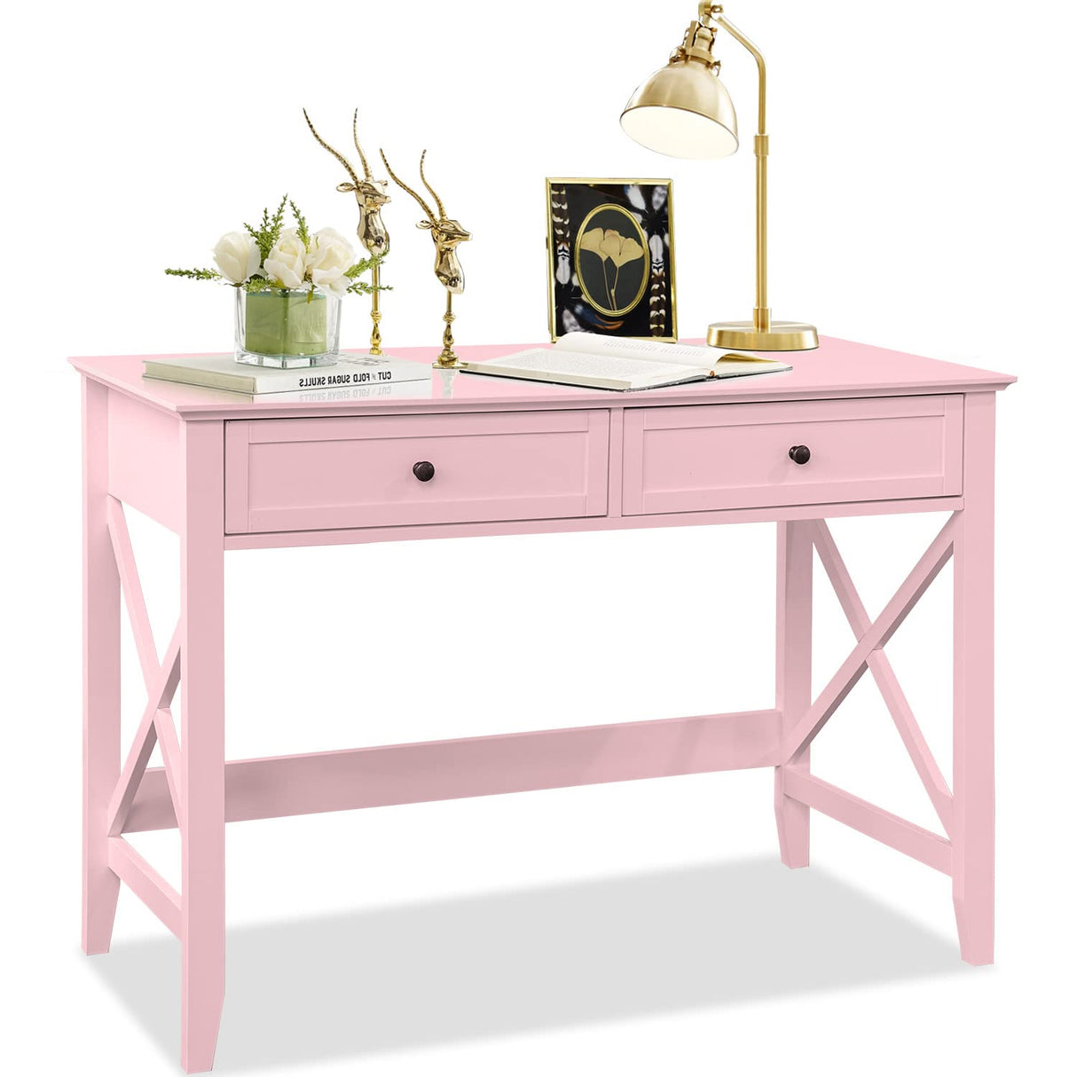 Lewahom Writing Computer Desk with Drawers, Cute Modern Table for Bedrooms, Pink Vanity Table Office Desk with Drawers, Home Computer Desk for Girls Living Room Entryway, Pink Lewahom