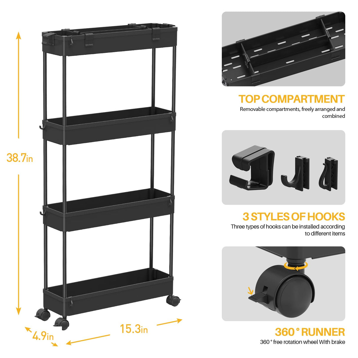 SPACELEAD Slim Storage Cart 4 Tier, Storage Organizer Rolling Utility/ Mobile Shelving Unit Slide Out Storage Cart for Office, Bathroom, Kitchen, Laundry Room & Narrow Places， Black SPACELEAD