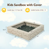 HONEY JOY Sandbox with Cover, 47x47 Inch Square Sand Pit for Backyard, Bottom Drainage Oxford Liner, HDPE Playful All Weather Resistant Sand Boxes for Kids Outdoor with Lid (White) HONEY JOY
