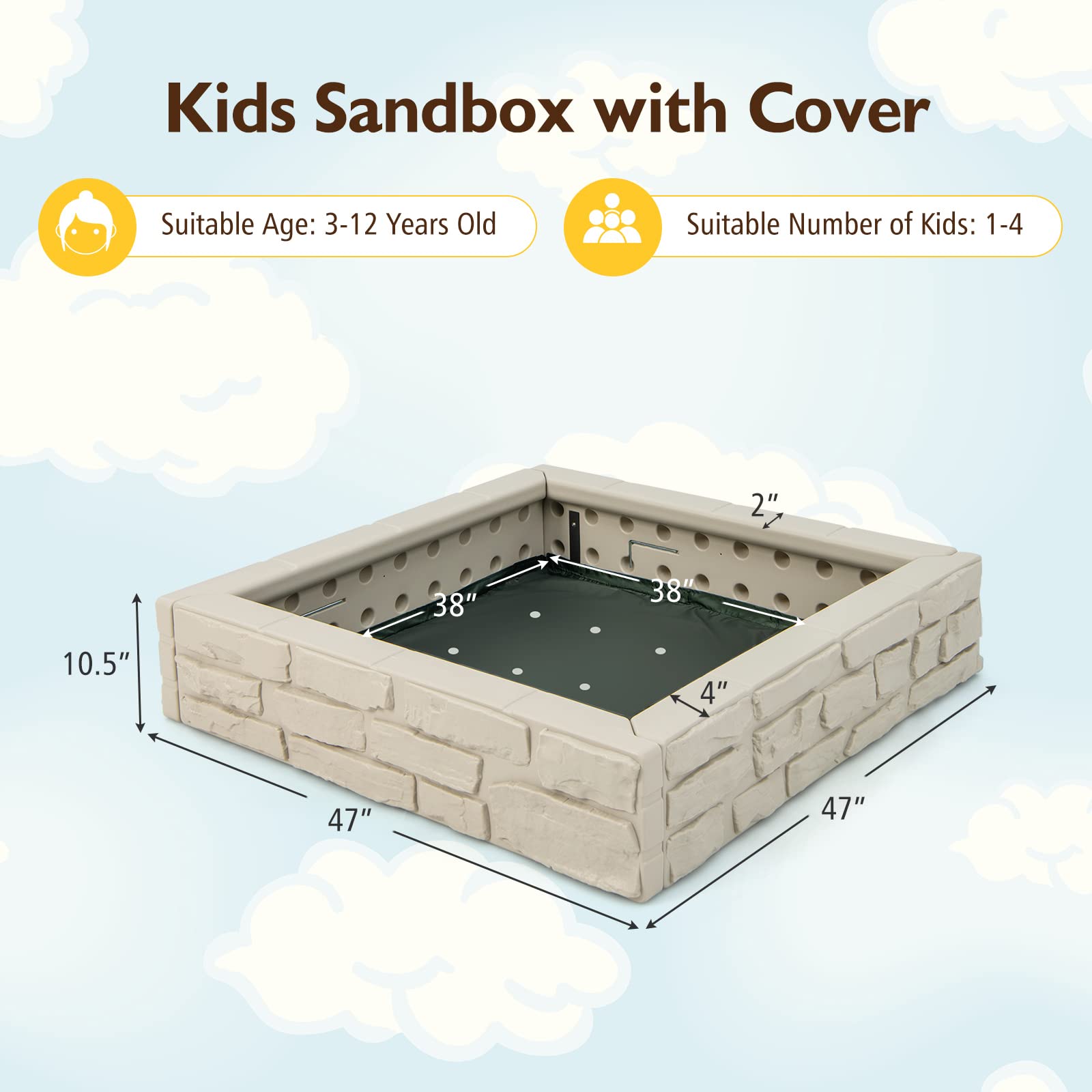 HONEY JOY Sandbox with Cover, 47x47 Inch Square Sand Pit for Backyard, Bottom Drainage Oxford Liner, HDPE Playful All Weather Resistant Sand Boxes for Kids Outdoor with Lid (White) - WoodArtSupply