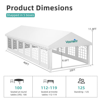 Vasttent 20x40ft Party Tent for Wedding Outdoor Large Event Camping, Upgraded Galvanized Poles&Rainproof PE Removable Sidewalls, Heavy Duty Canopy with 12 PVC Windows and Carry Bags - White